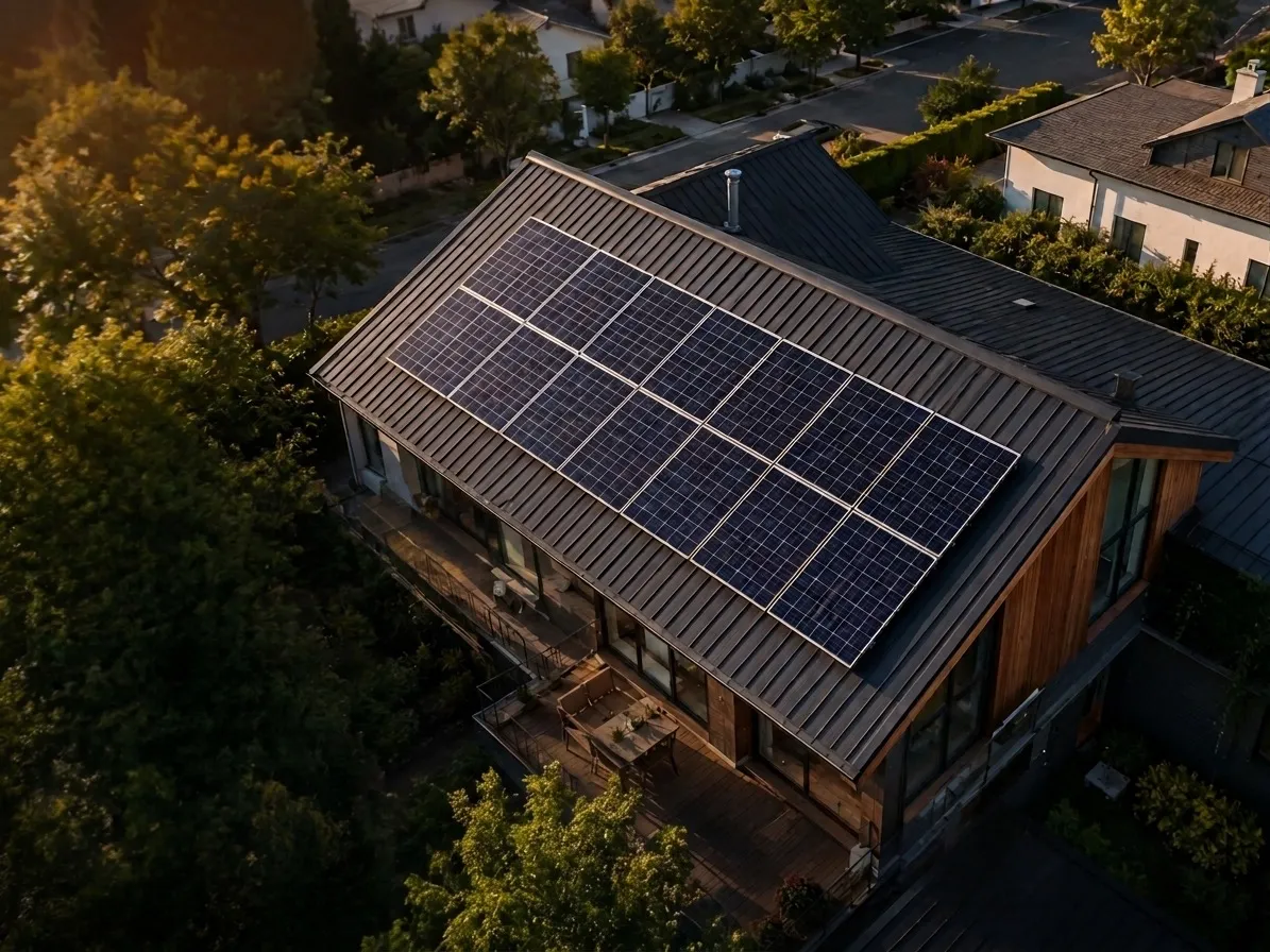 Vista aérea de una instalación de paneles solares de Leo Solar